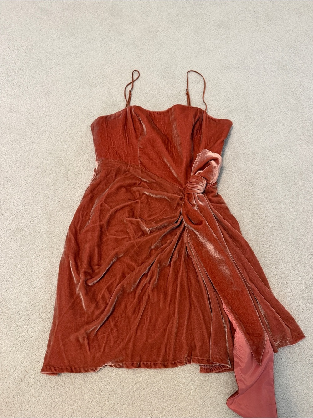 cinq a sept Rust Velvet Knot-Accent Slip Dress